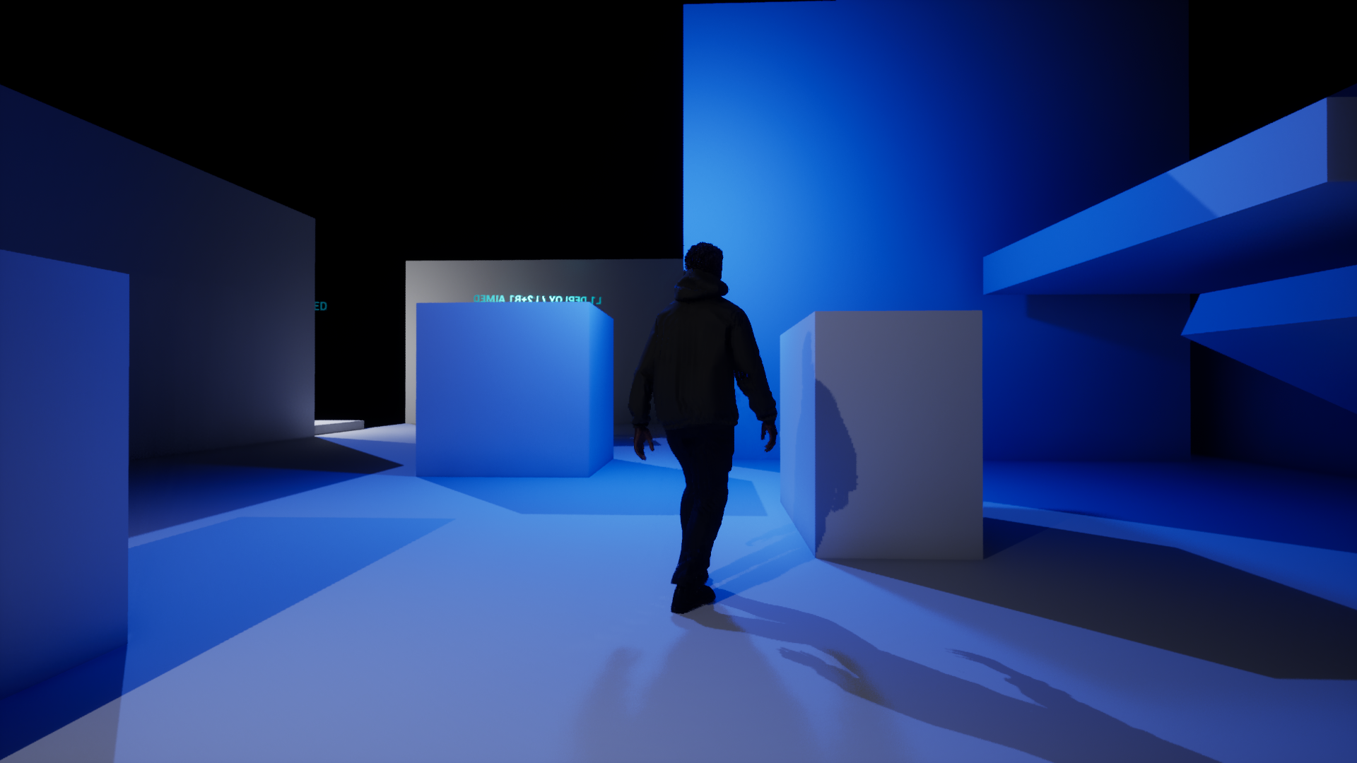 Kai in the blue-lit Service Yard development level in Unreal Engine.