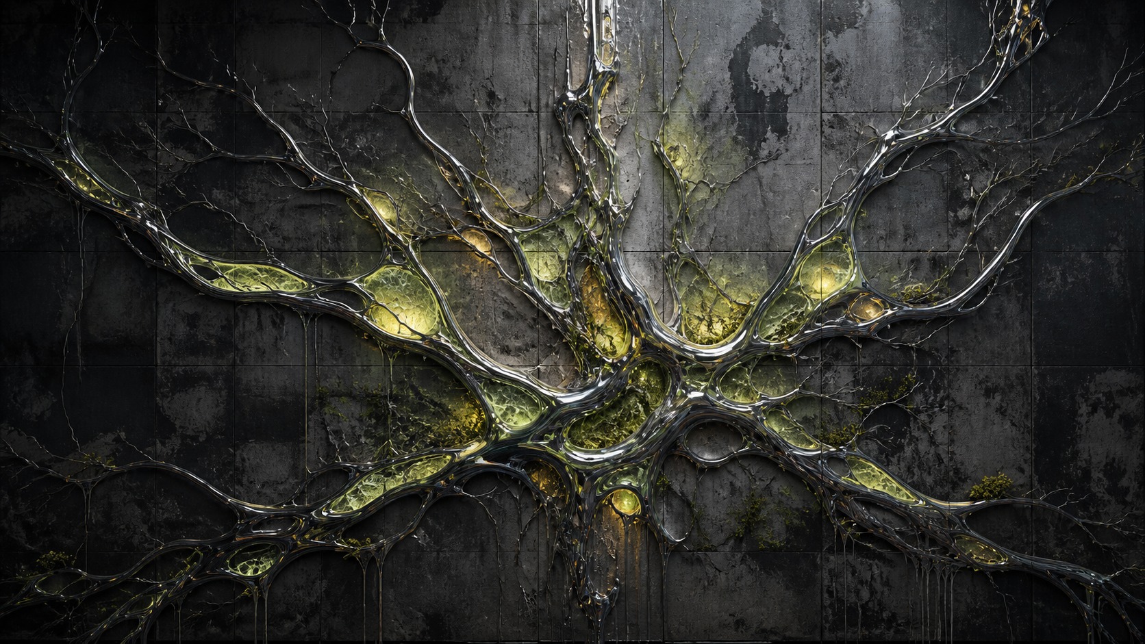 Chrome branches and luminous green membranes spreading across the wall